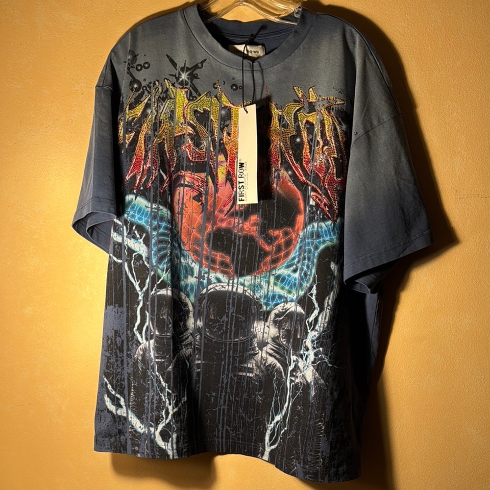 First Row Red and Black Graphic Short Sleeve Cropped Tee with Fiery Design